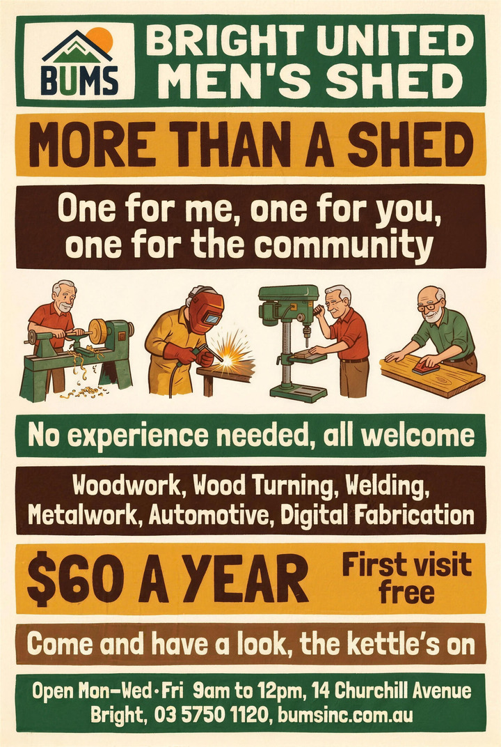 Bright United Men's Shed recruitment poster