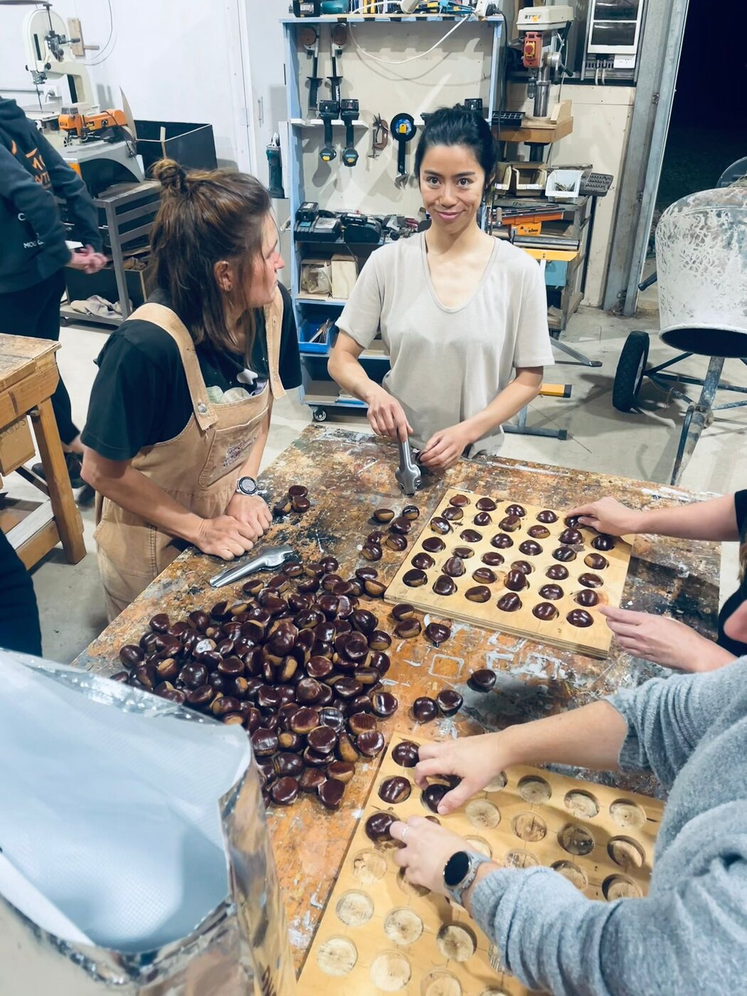 Scoring chestnuts at the shed beforehand