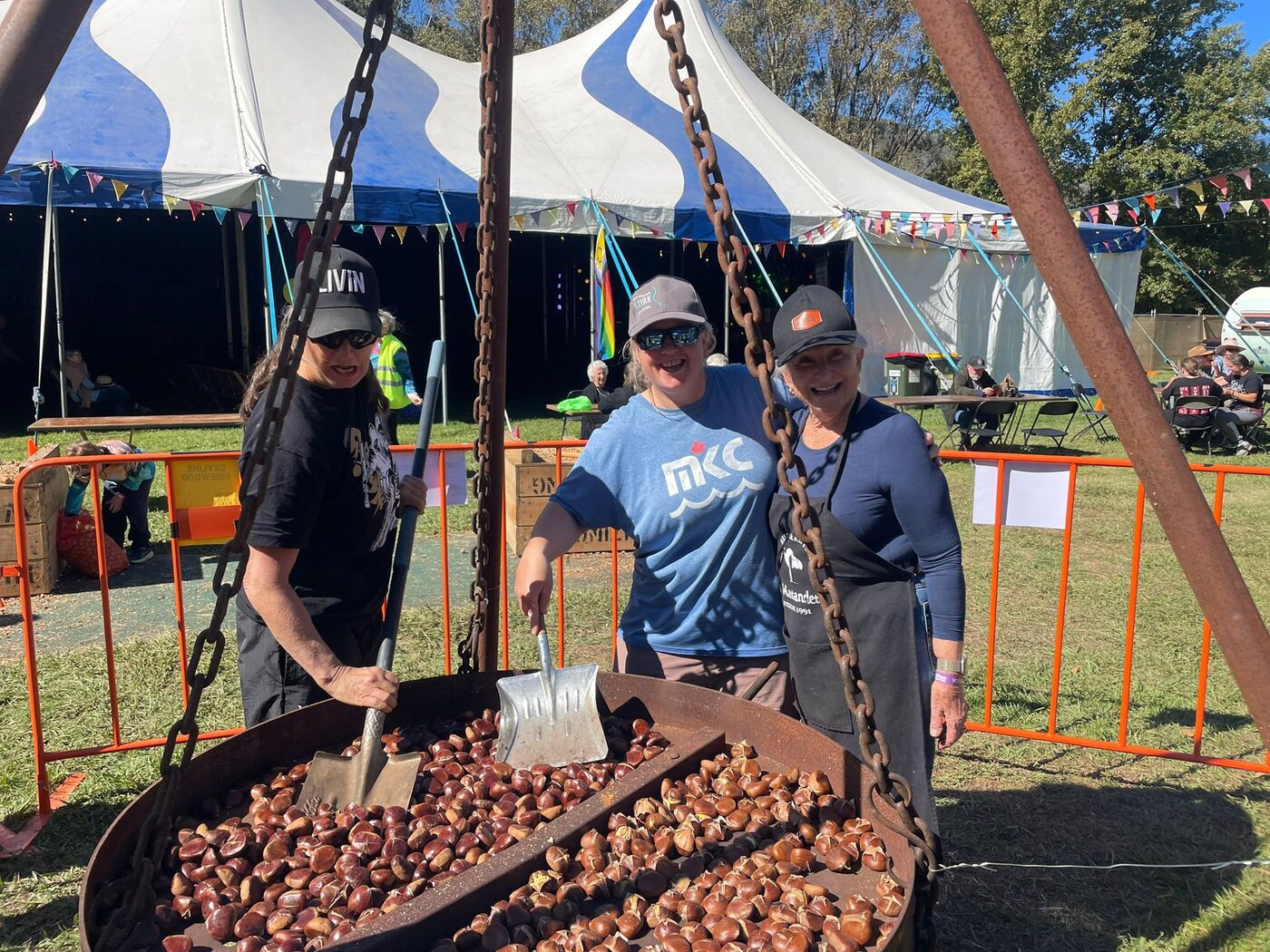 Roasting chestnuts in the big pan at the festival